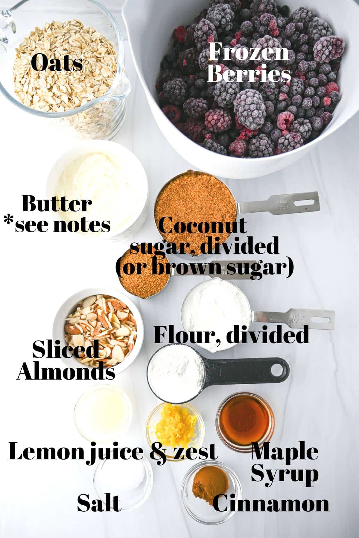 berry crisp ingredients measured out into dishes on a counter