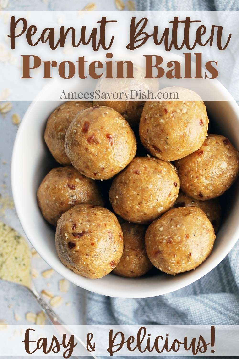  When you need a boost of energy, try this easy recipe for peanut butter protein balls with dates made with oats, coconut, dates, peanut butter, hemp seeds, flaxseed, coconut oil, and honey. #proteinballs #energybites #healthysnacks #peanutbutterballs #blissballs #energyballs via @Ameessavorydish