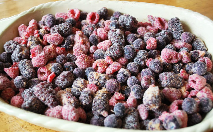 Frozen fruit blend of raspberries, blackberries, and blueberries for easy berry crumble