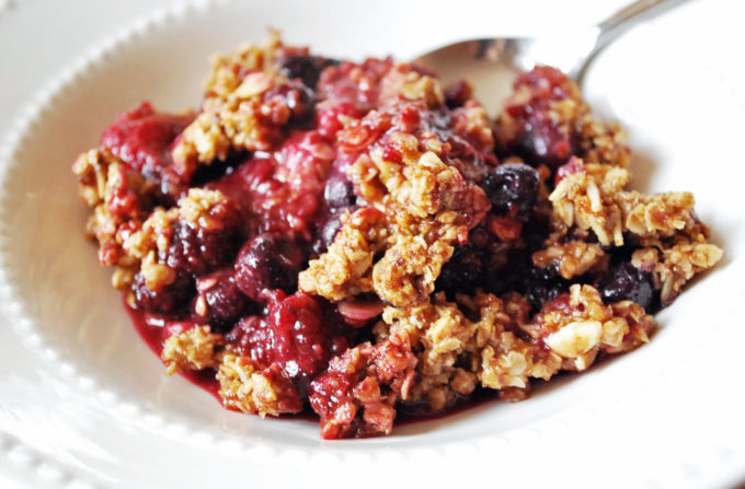 Easy berry crumble made with frozen fruit and oats