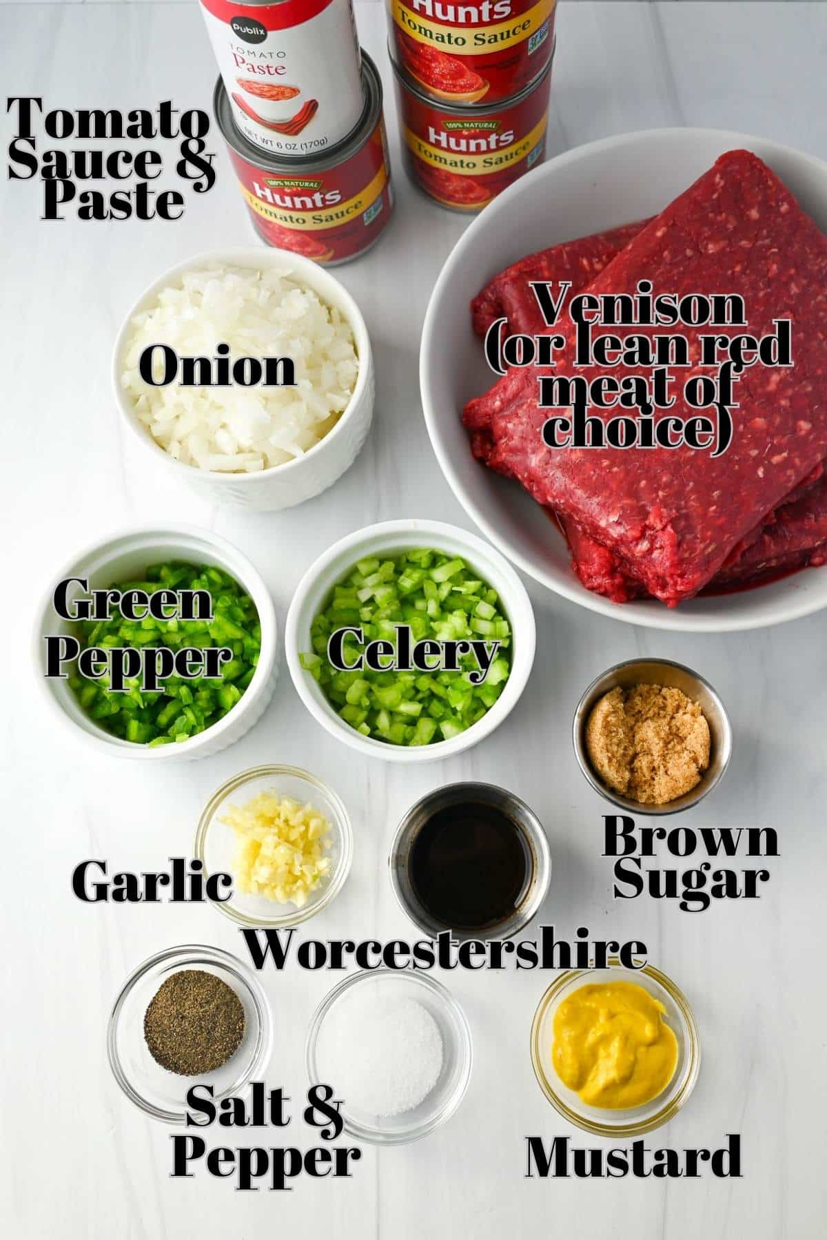 ingredients for venison sloppy joes measured out on a counter