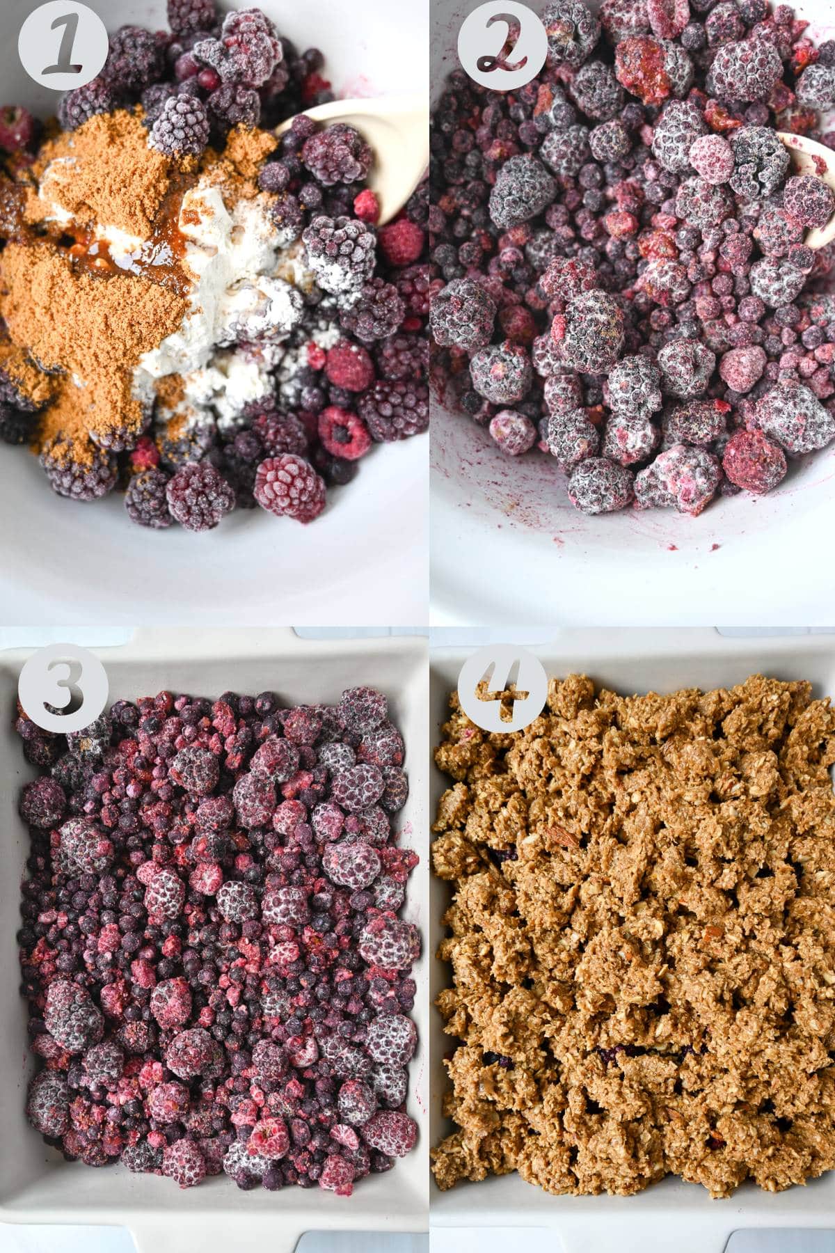 step photos for making crisp with frozen berries: mixed in a bowl, berries in a baking dish and topped with crumble oat topping