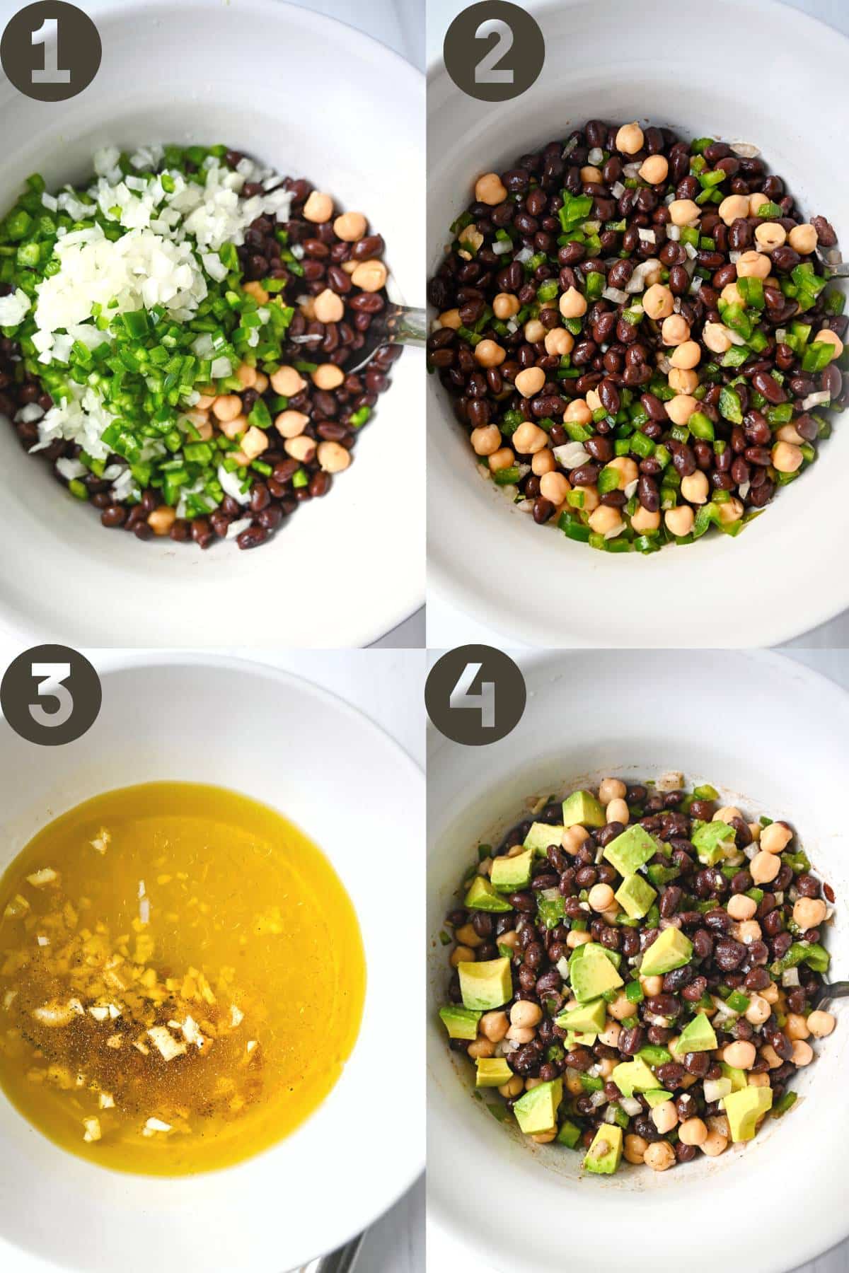 four steps of making black bean chickpea salad in a bowl and whisking the dressing, tossing all to mix