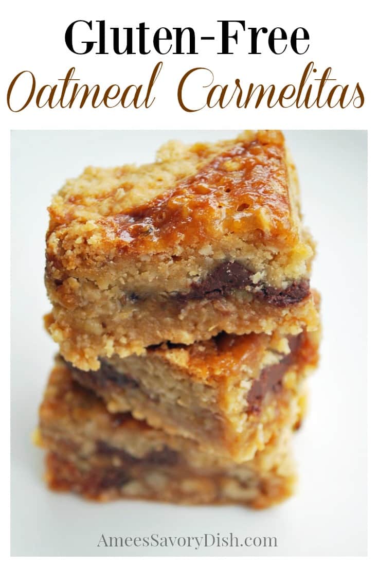 Gluten-free oatmeal Carmelita bars are chewy oatmeal bars with creamy caramel, chocolate, and crunchy pecans. This easy gluten-free bar cookies recipe makes the perfect after school snack or gluten-free dessert. #carmelitabars #carmelitas #glutenfreebarcookie #glutenfreedessert #glutenfreecarmelitas via @Ameessavorydish