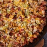 Low-carb cheeseburger skillet close up in the pan