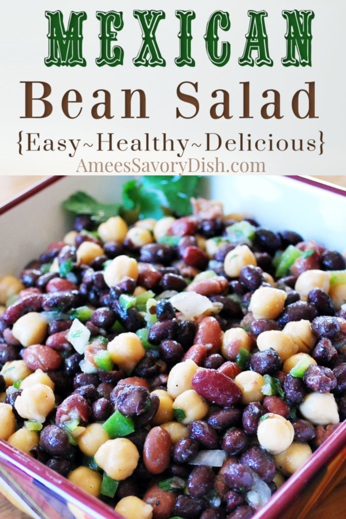 bowl of three bean salad with peppers and Mexican spices