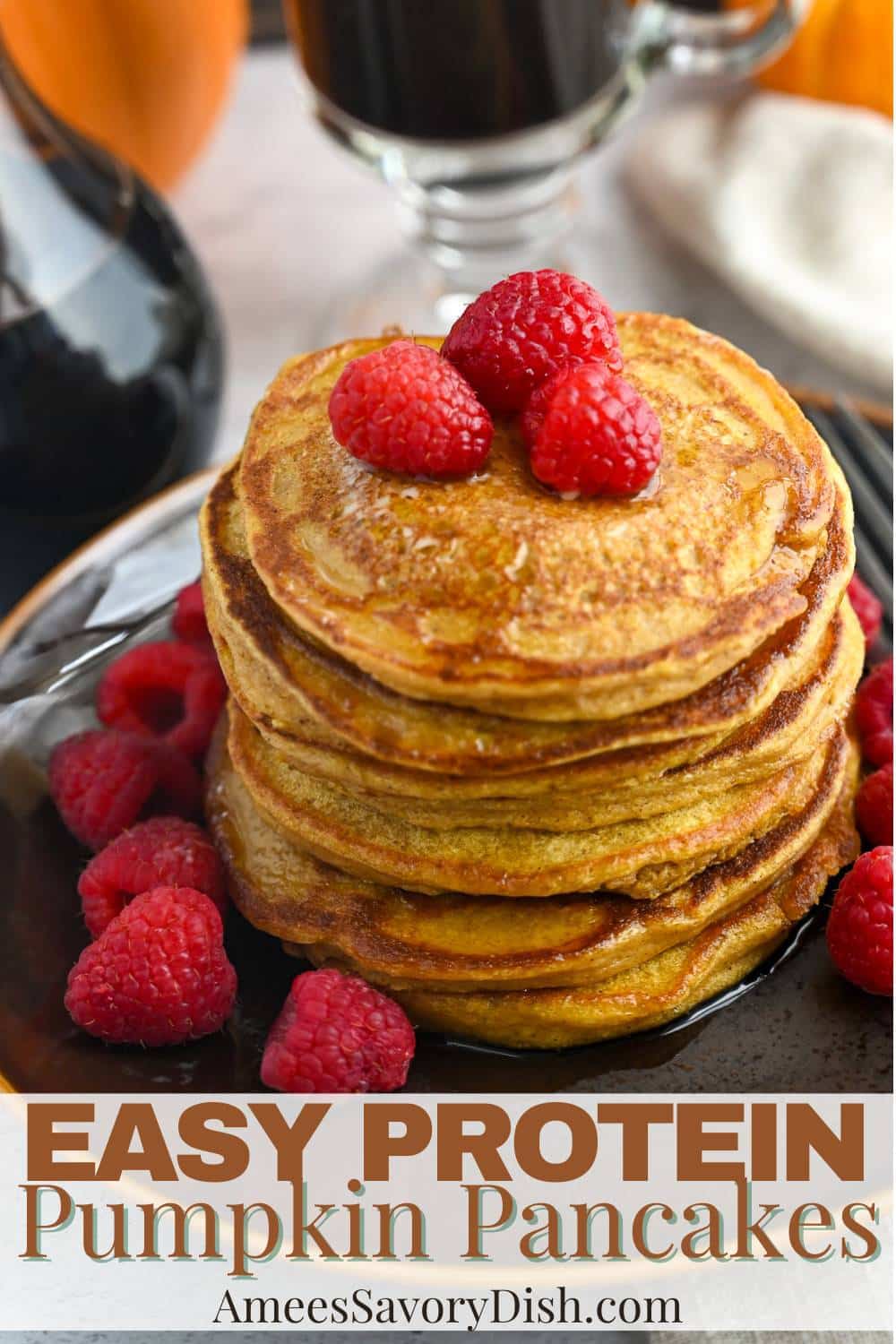 This quick and delicious recipe yields fluffy, flavorful pumpkin pancakes with a generous 26 grams of protein per serving. via @Ameessavorydish