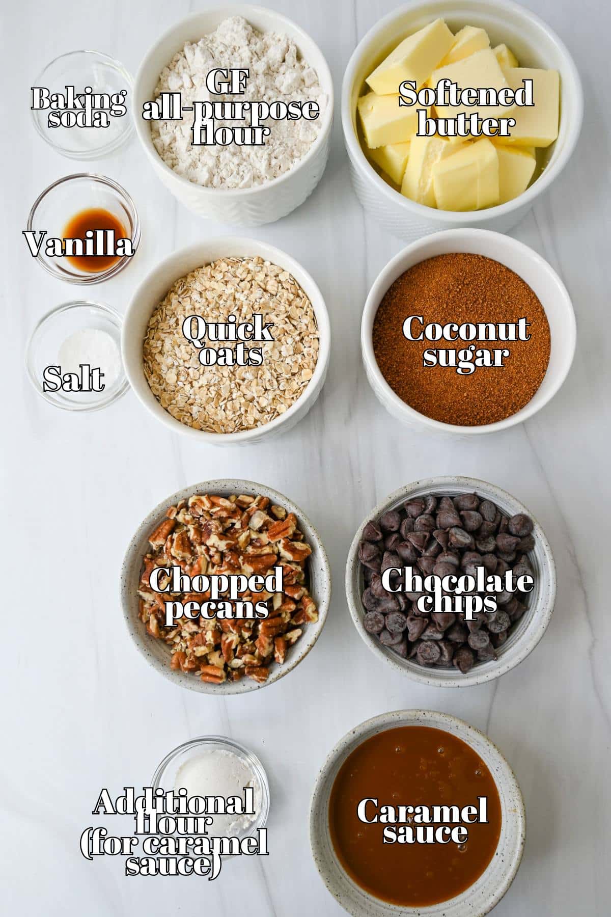 ingredients measured out on a counter for gluten free caramelita bars