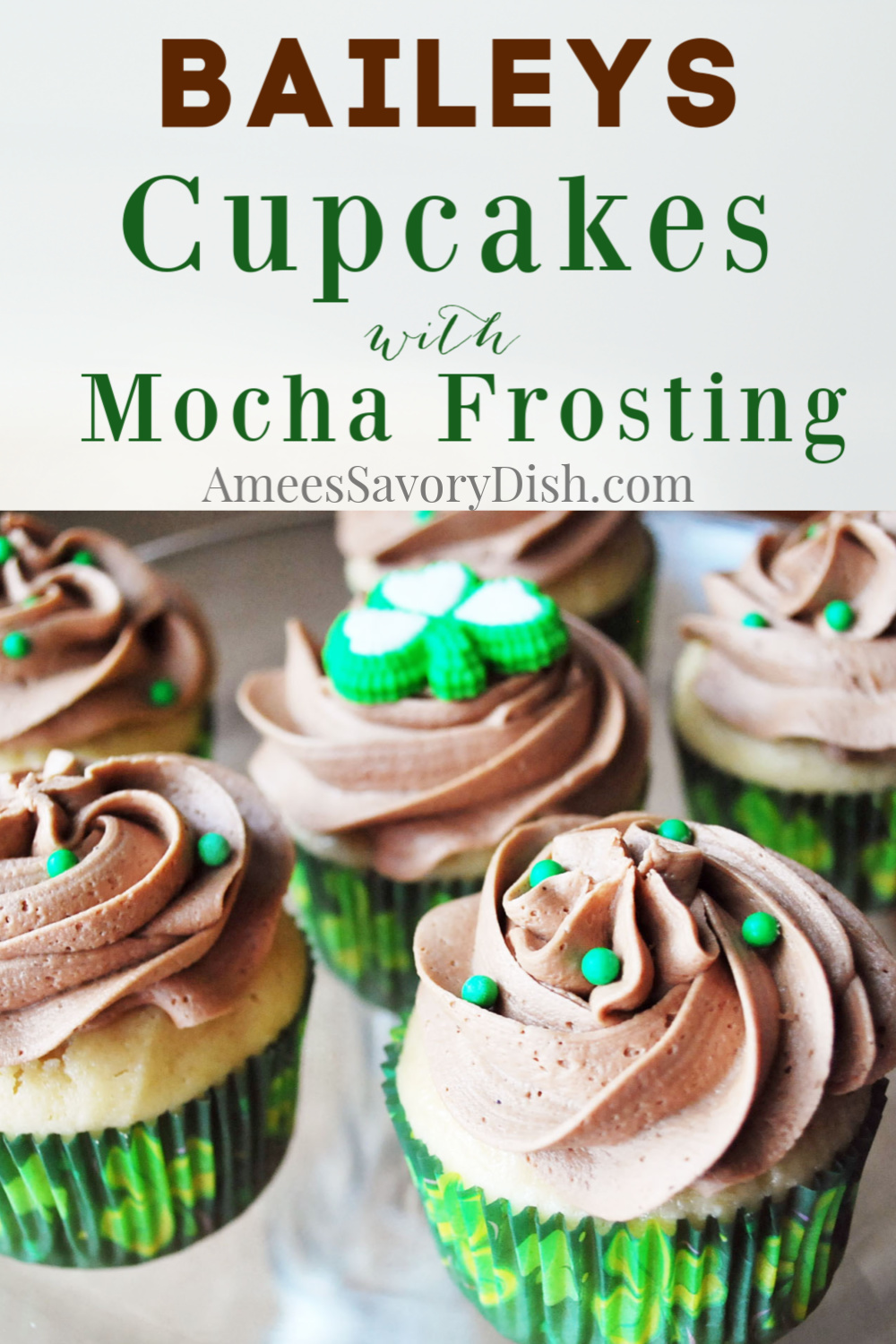 What goes better with Baileys Irish Cream than chocolate and a freshly brewed cup of coffee?!  These Baileys Cupcakes topped with mocha buttercream are a magical combo!  #baileyscupcakes #mochafrosting #buttercreamfrosting #cupcakerecipe #cupcakes via @Ameessavorydish