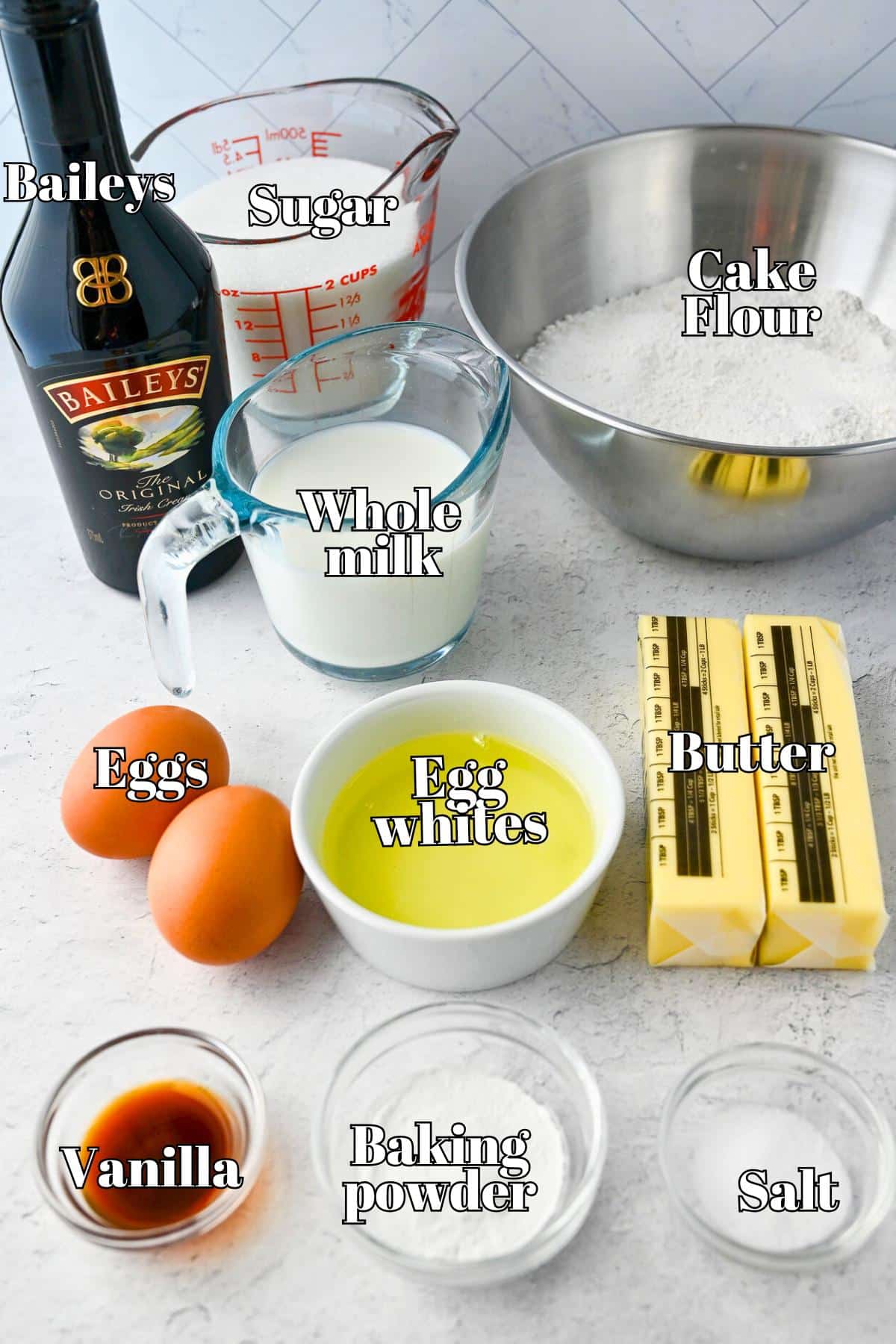 ingredients for baileys cupcakes measured out on a counter
