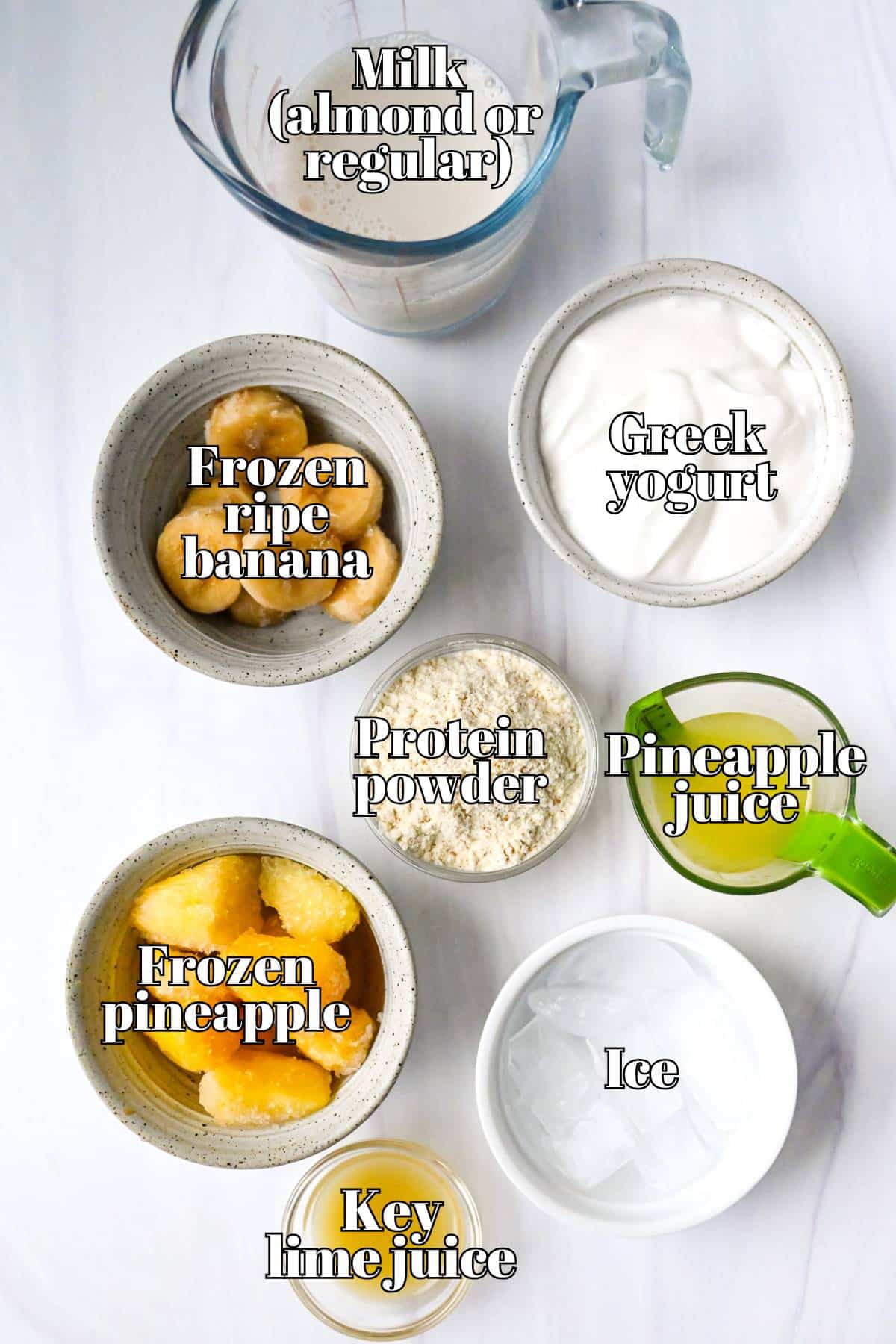 ingredients for a healthy pineapple banana shake measured out on a counter