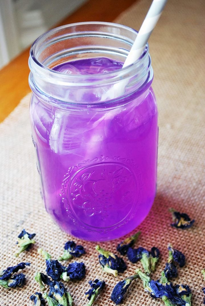 glass of butterfly pea flower lemonade with butterfly pea flower blossoms