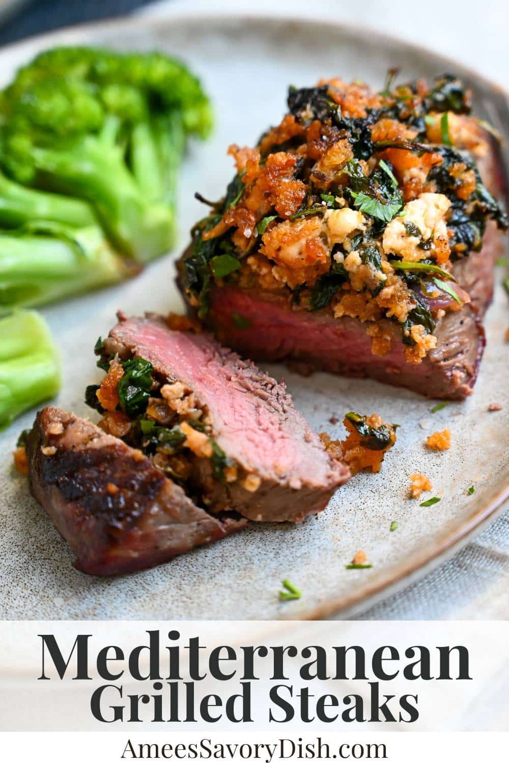 Mediterranean Steak is a delicious and flavor-packed dinner, featuring tender steaks topped with a mixture of spinach, feta, and tomato pesto. via @Ameessavorydish