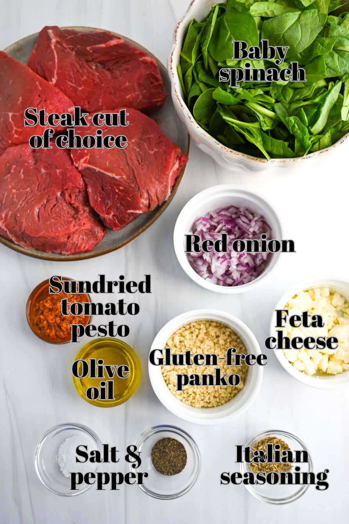 ingredients for Mediterranean steak measured out in containers on a counter
