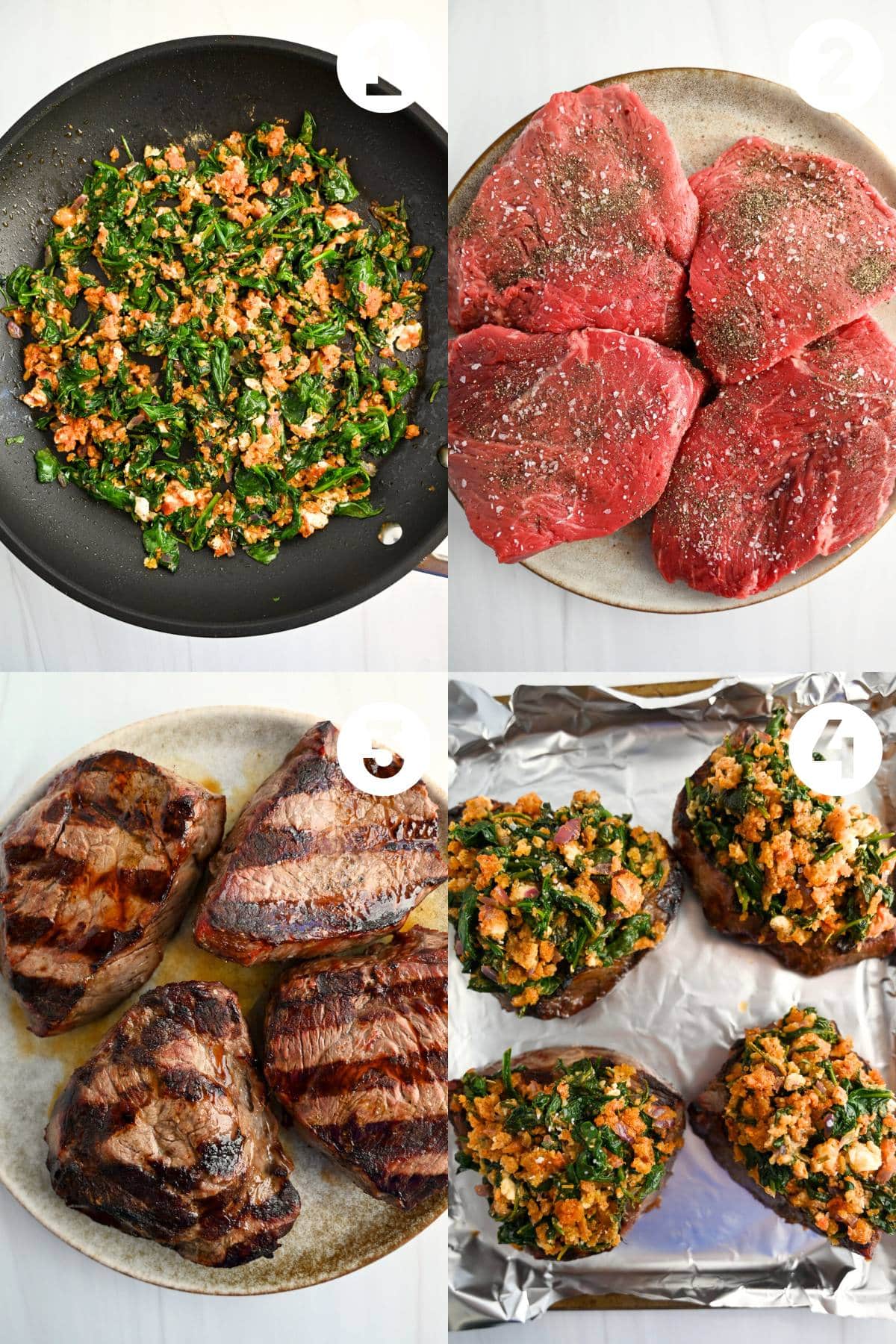 steps for making mediterranean topped steak: topping cooked in a skillet, seasoned steaks, grilled steaks, and steaks topped with topping ready to broil