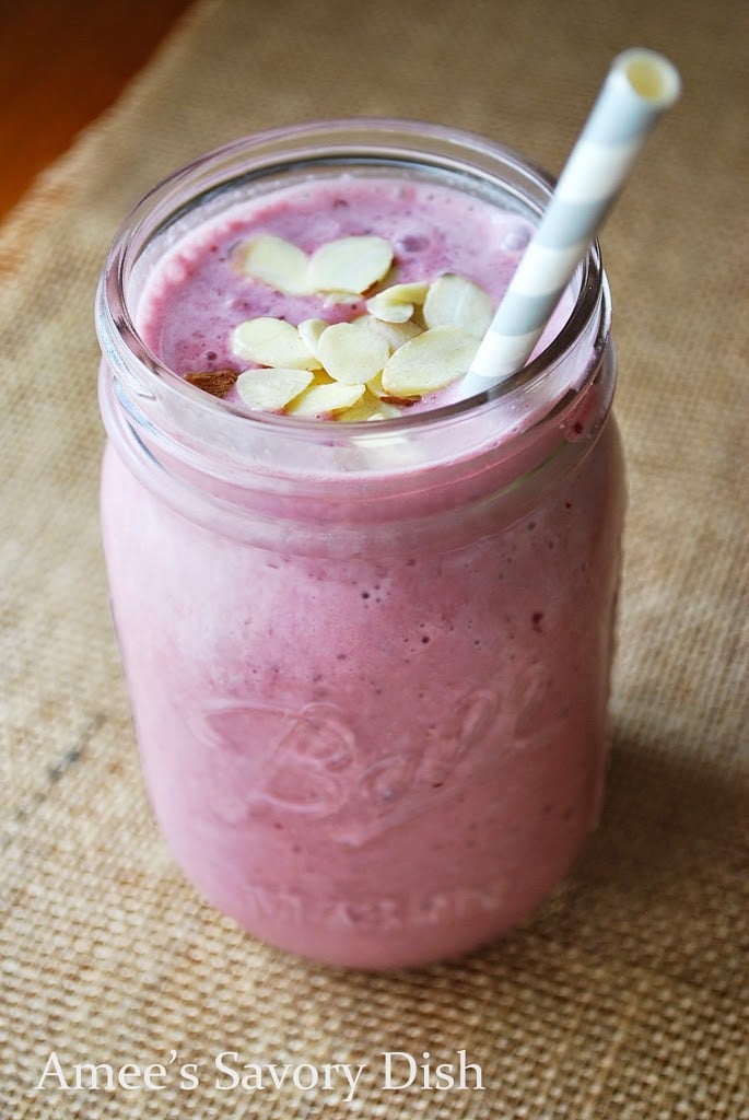 cherry almond smoothie in a mason jar