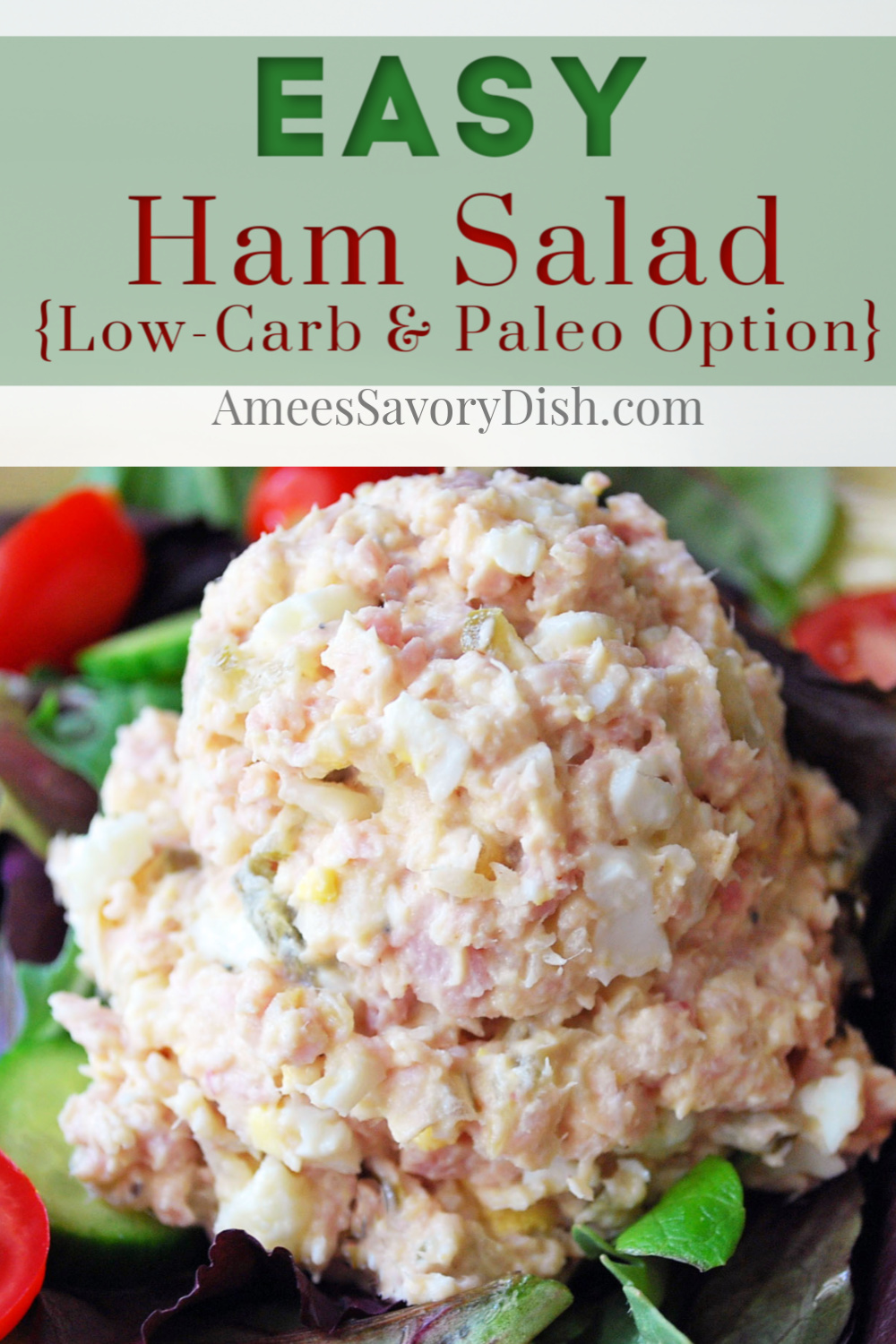 This easy ham salad is a family favorite made with chopped baked ham, hard-boiled eggs, sweet onion, celery, pickles, and mayonnaise. It's the perfect recipe to use up leftover ham! #hamsalad #saladrecipe #ham via @Ameessavorydish