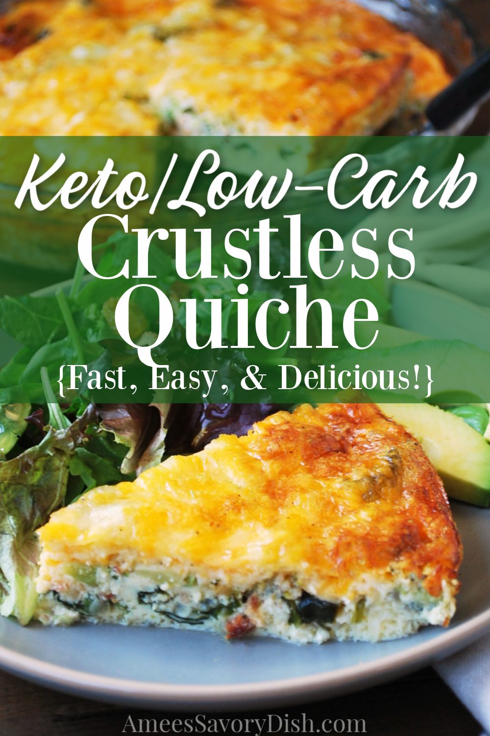 A simple and delicious low-carb crustless quiche recipe made with bacon, broccoli, fresh baby spinach, onions, and cheese.  #ketorecipe #ketoquiche #lowcarbquiche #ketobreakfast #ketorecipe #loadedquiche #spinachquiche #crustlessquiche via @Ameessavorydish