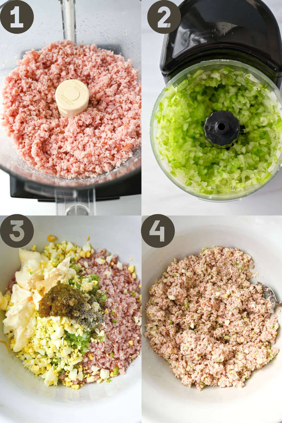 steps to make ham salad-in the food processor, mixed in a bowl