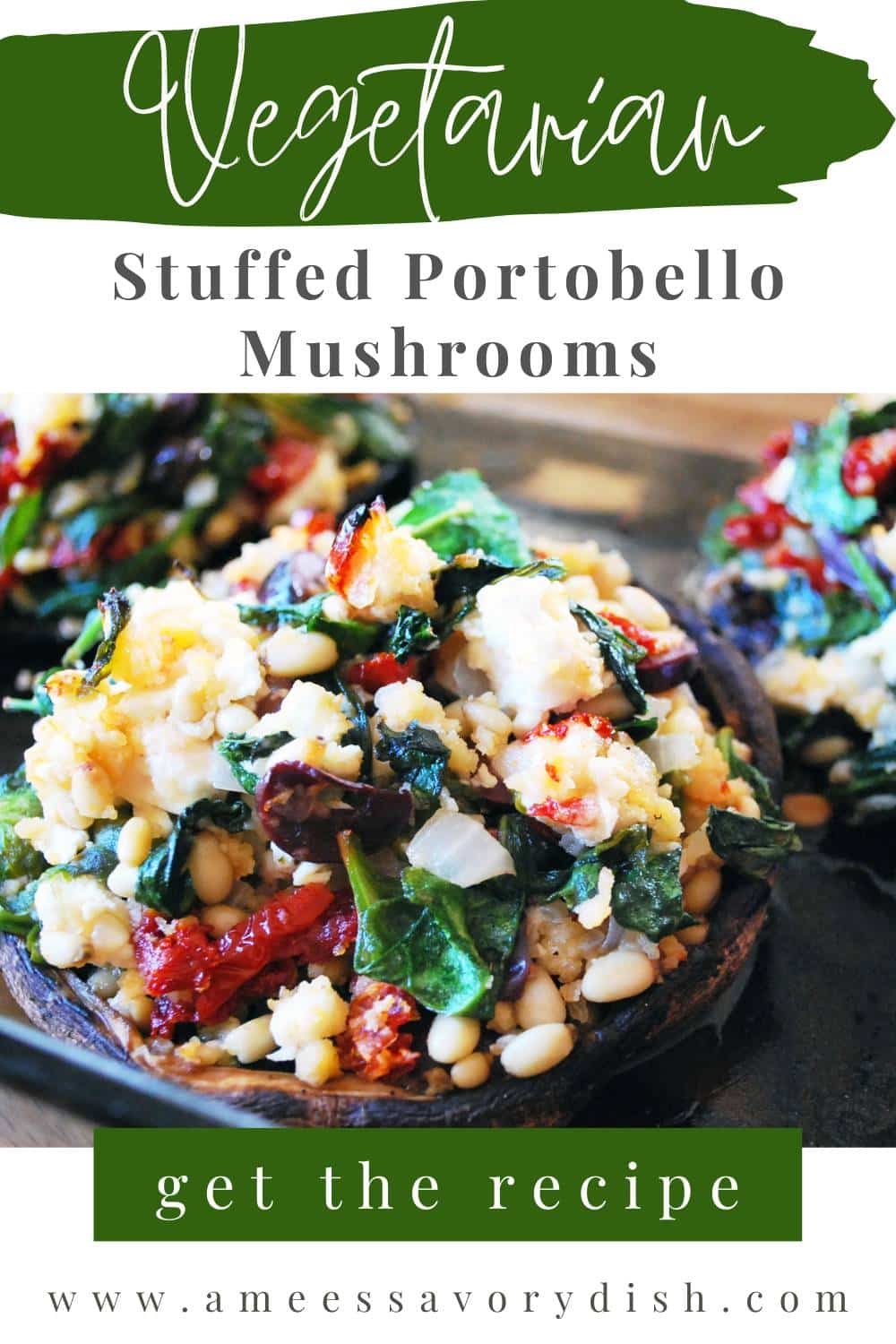 These stunning Vegetarian Stuffed Portobello Mushrooms are filled with a delicious mixture of sun-dried tomatoes, olives, panko, feta, and toasted pine nuts bursting with Mediterranean flavor. via @Ameessavorydish