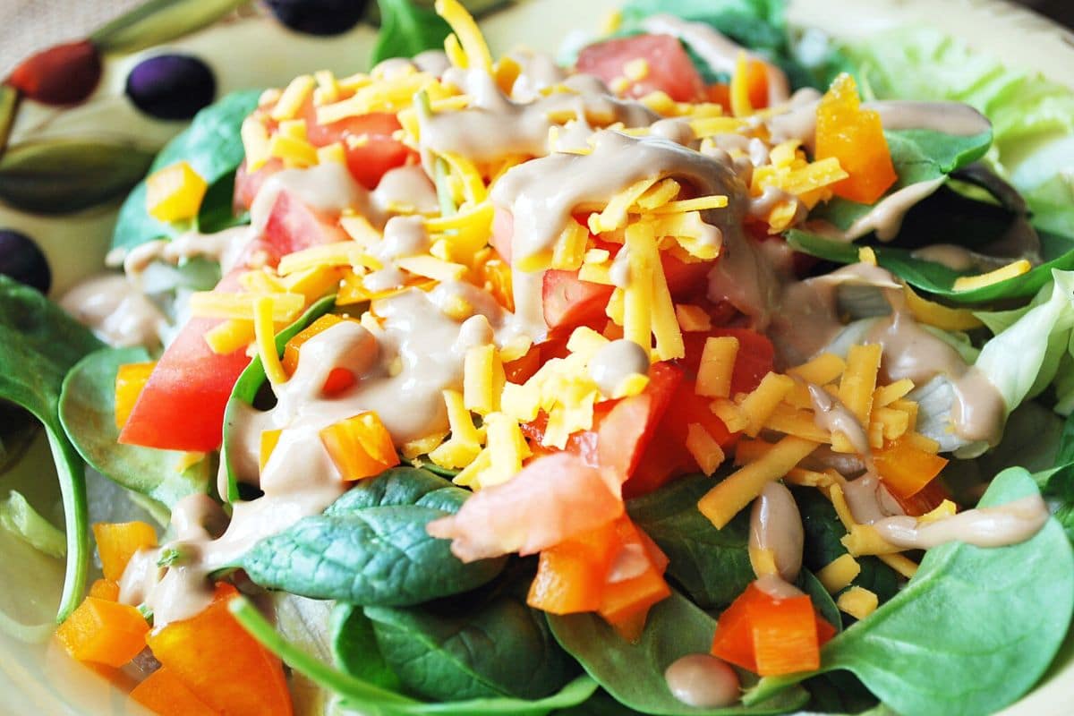 A garden salad drizzled with creamy balsamic dressing