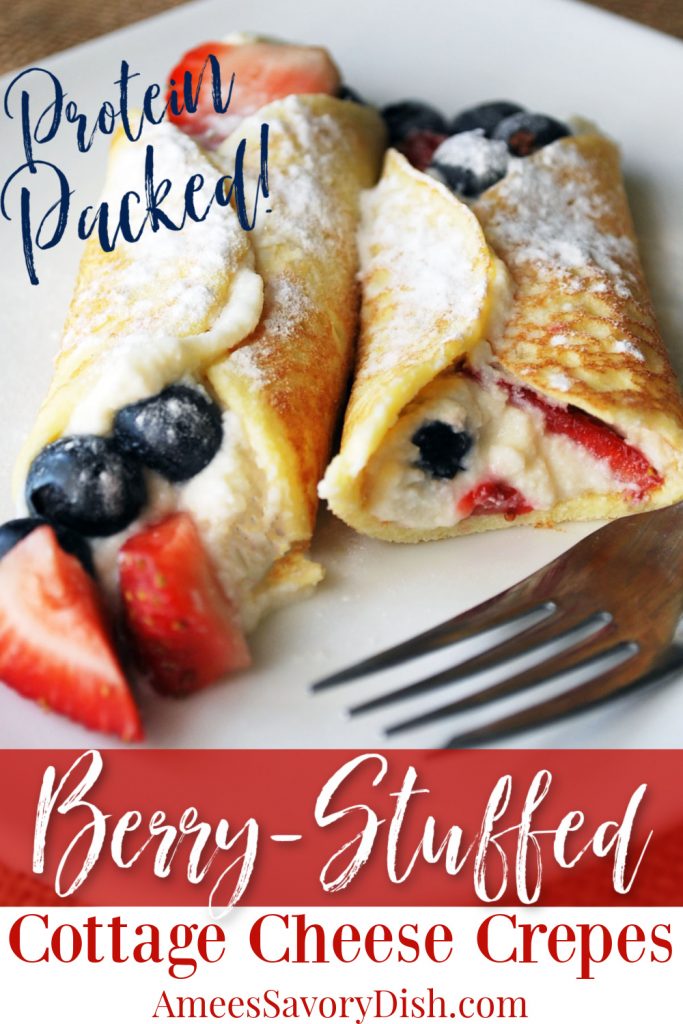 2 berry and ricotta cream filled protein crepes with font overlay for Pinterest