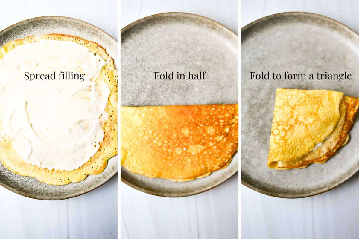 three photos showing how to fold crepes into a triangle shape