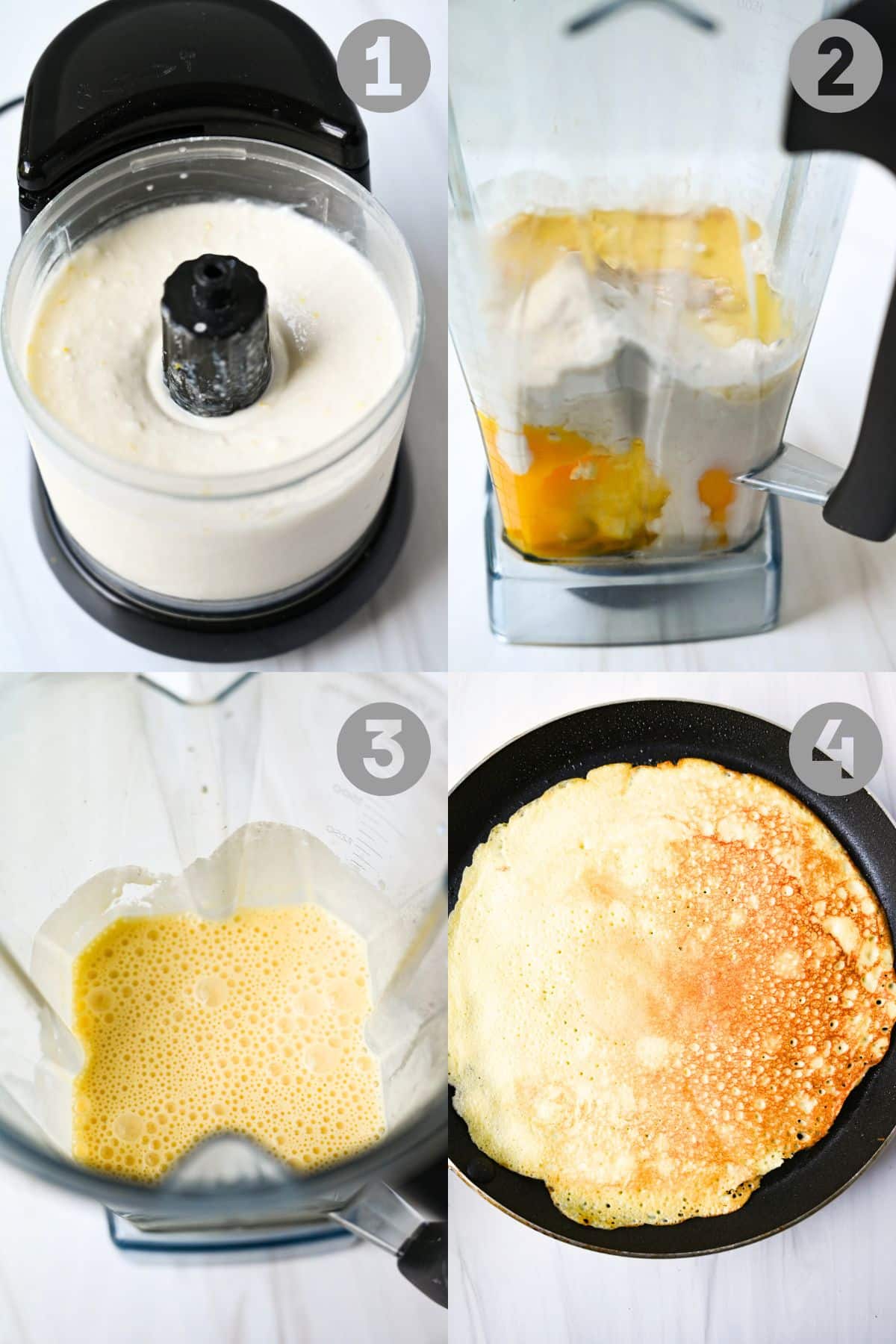 steps for making cottage cheese crepe batter: blending filling, blending batter and cooking in a skillet