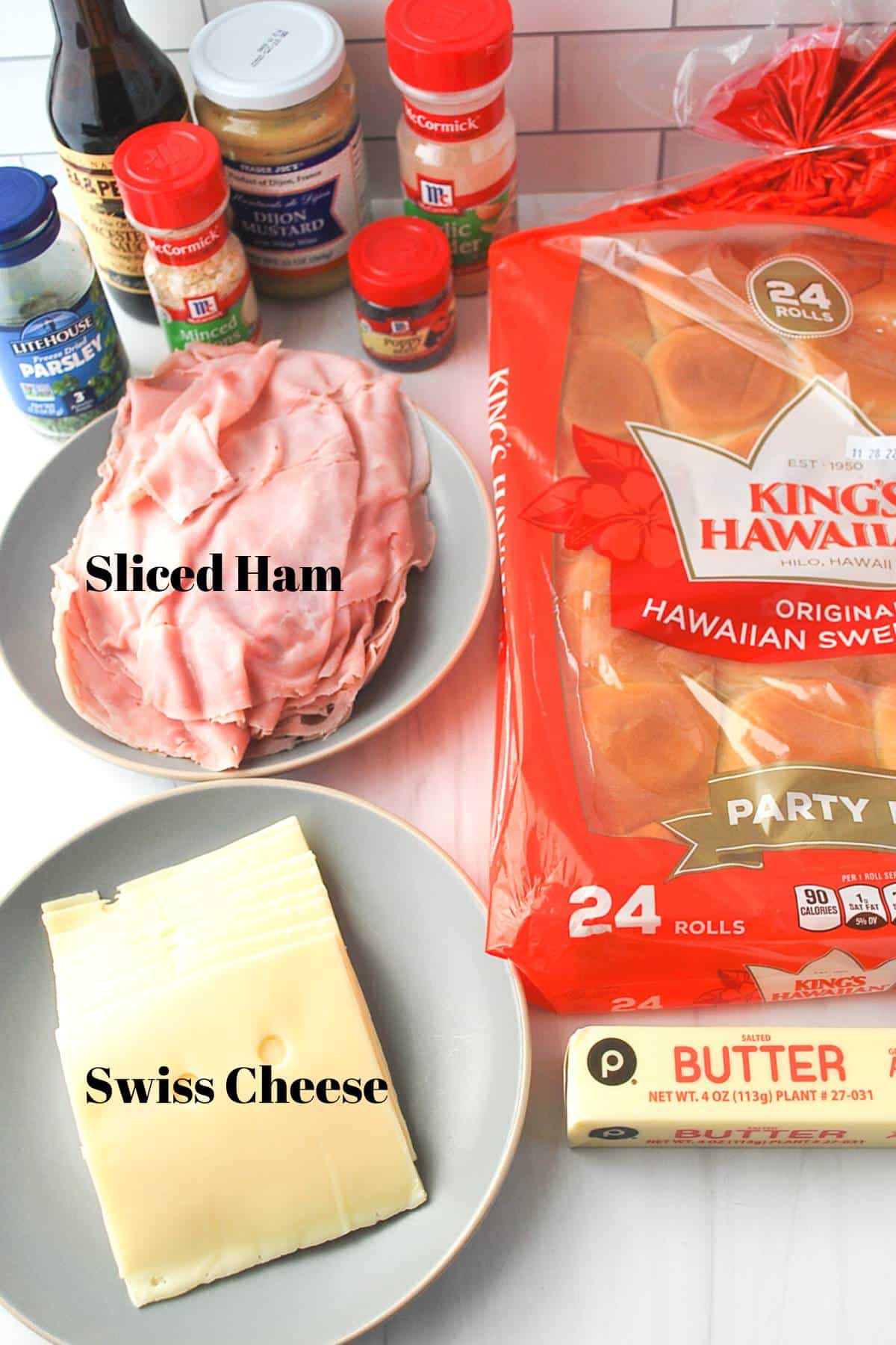 ingredients laid out on a counter for making ham delight sandwiches