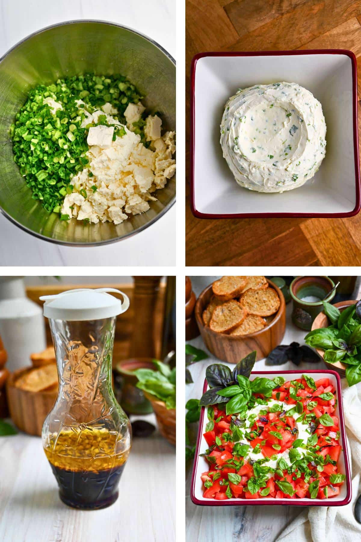 collage of the steps to make a caprese cheese ball with dressing and toppings