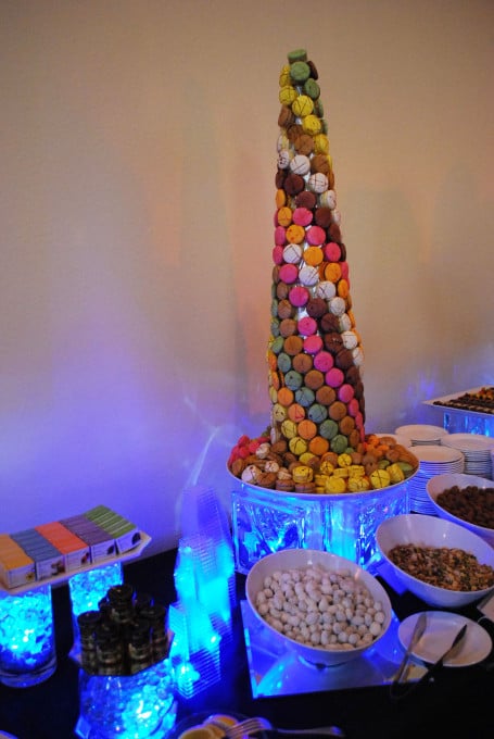 Tower of macarons on a buffet table