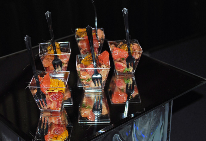 Tuna poke appetizers on a buffet table