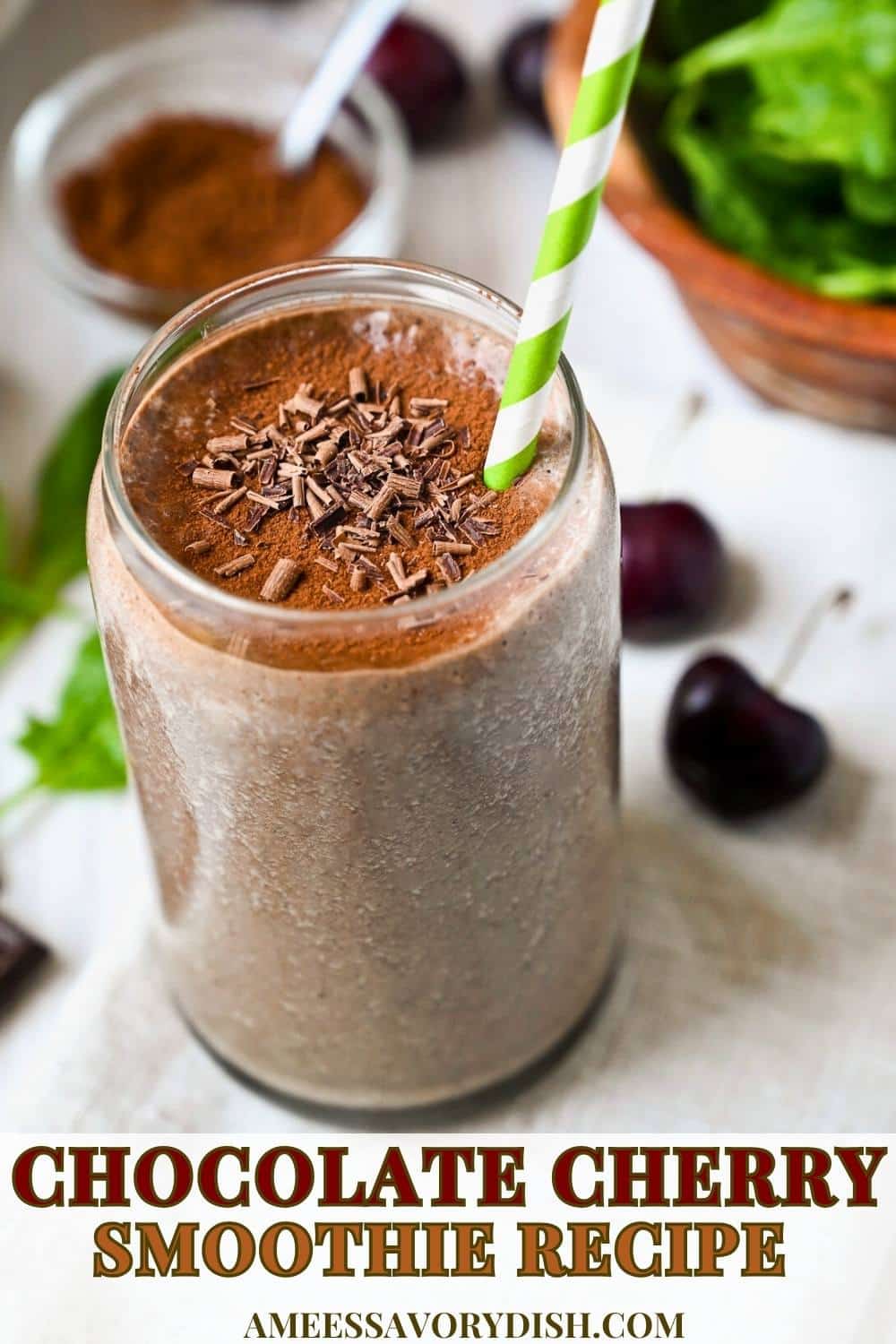 This Chocolate Cherry Smoothie is made with just a few nutritious ingredients, including frozen cherries, banana, whey protein, and hidden greens—packed with 30 grams of protein per serving! via @Ameessavorydish