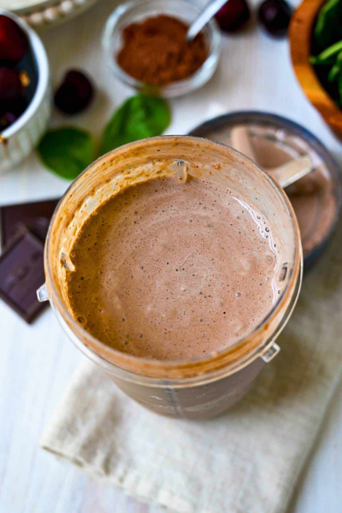 chocolate smoothie in a blender jar