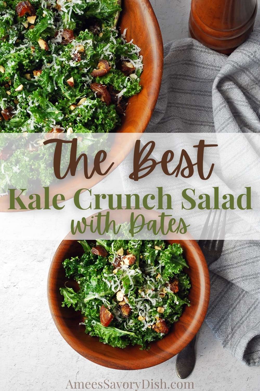 A deliciously simple kale salad made with dates, Parmesan cheese, and almonds topped with a homemade lemon vinaigrette dressing. #kalesalad #kale #saladrecipe #thebestsalads via @Ameessavorydish