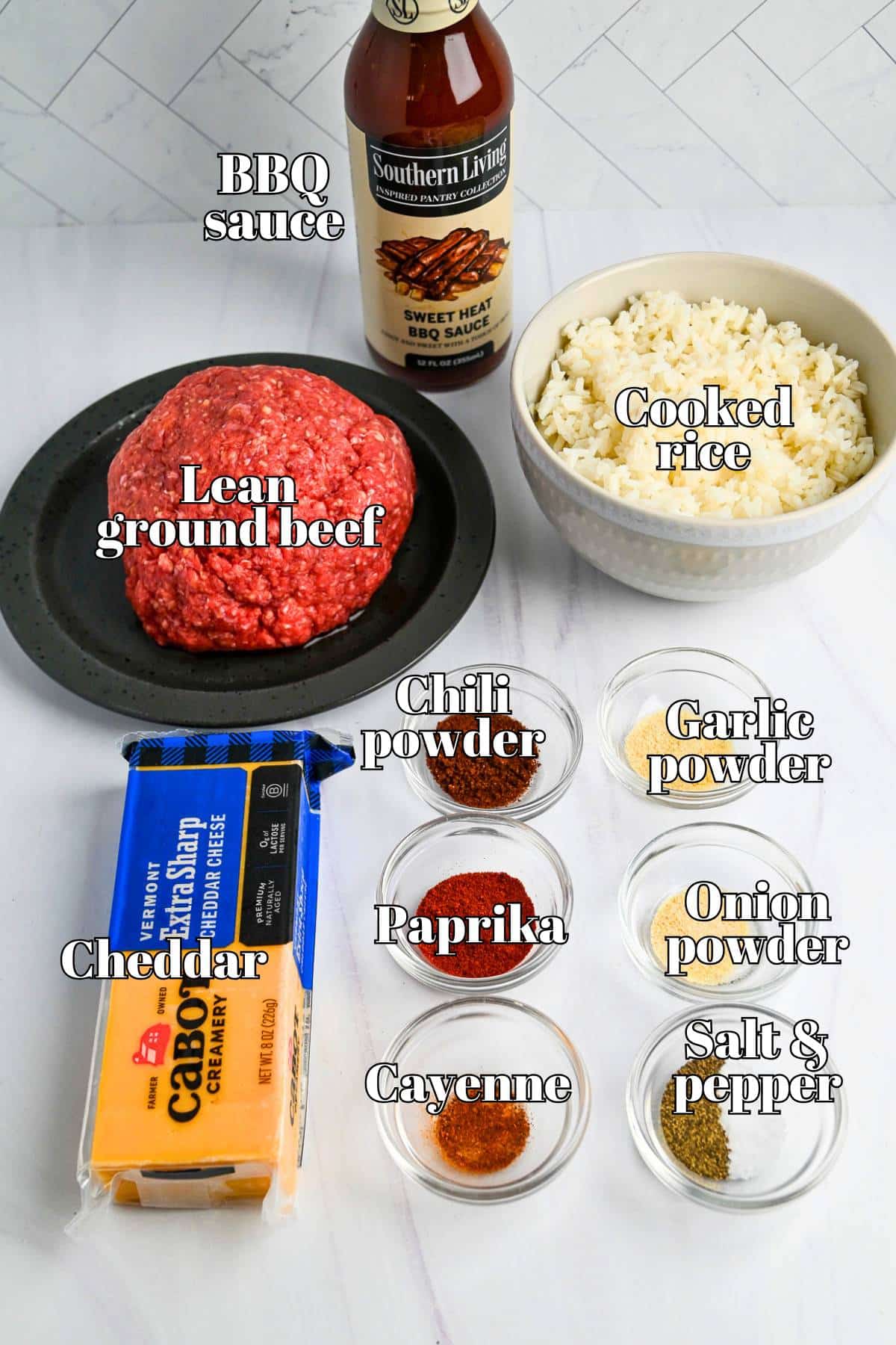 ingredients for mini beef BBQ muffins on a counter