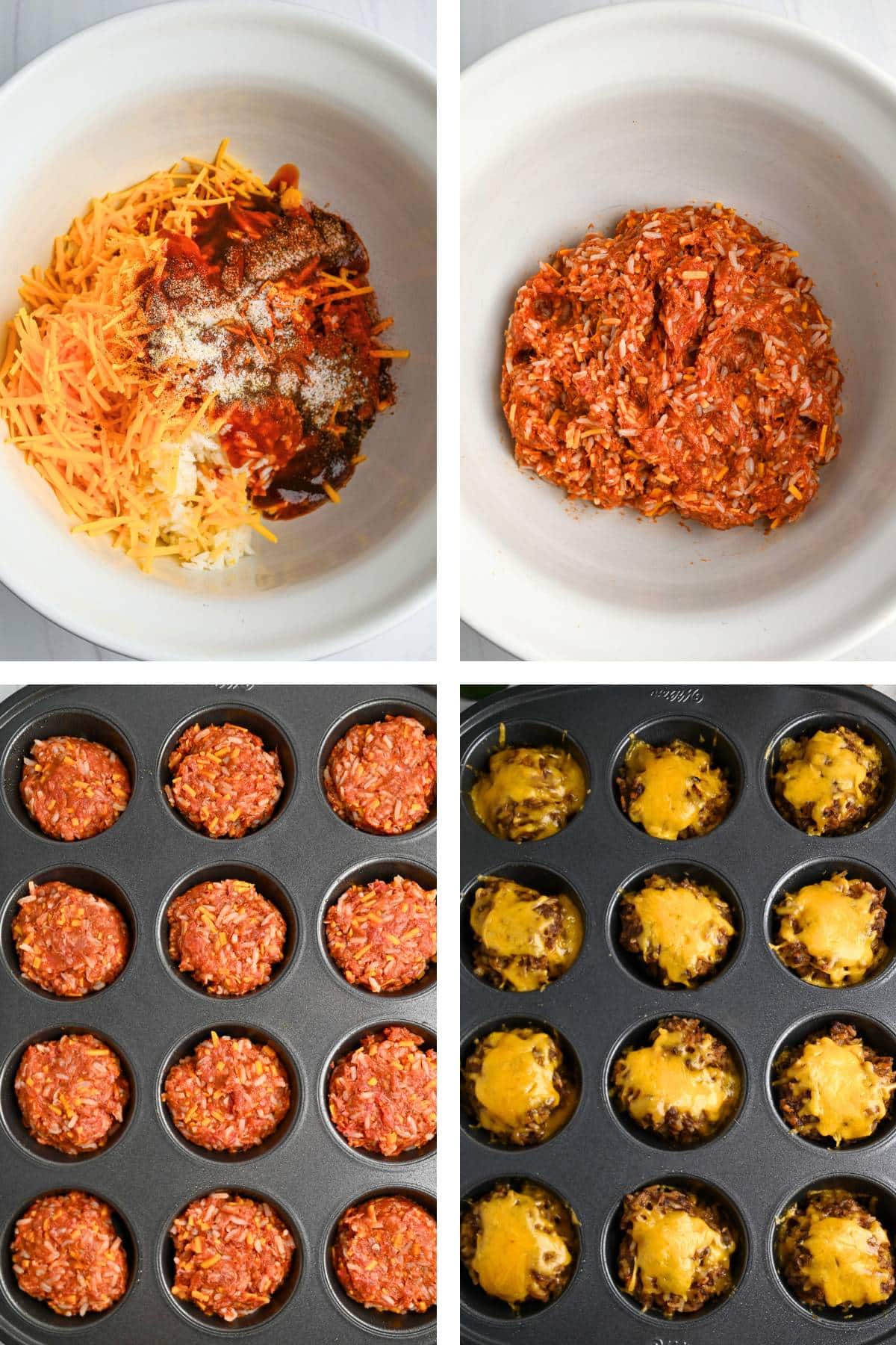 collage showing mixing meatloaf ingredients and in a muffin pan with cheese on top