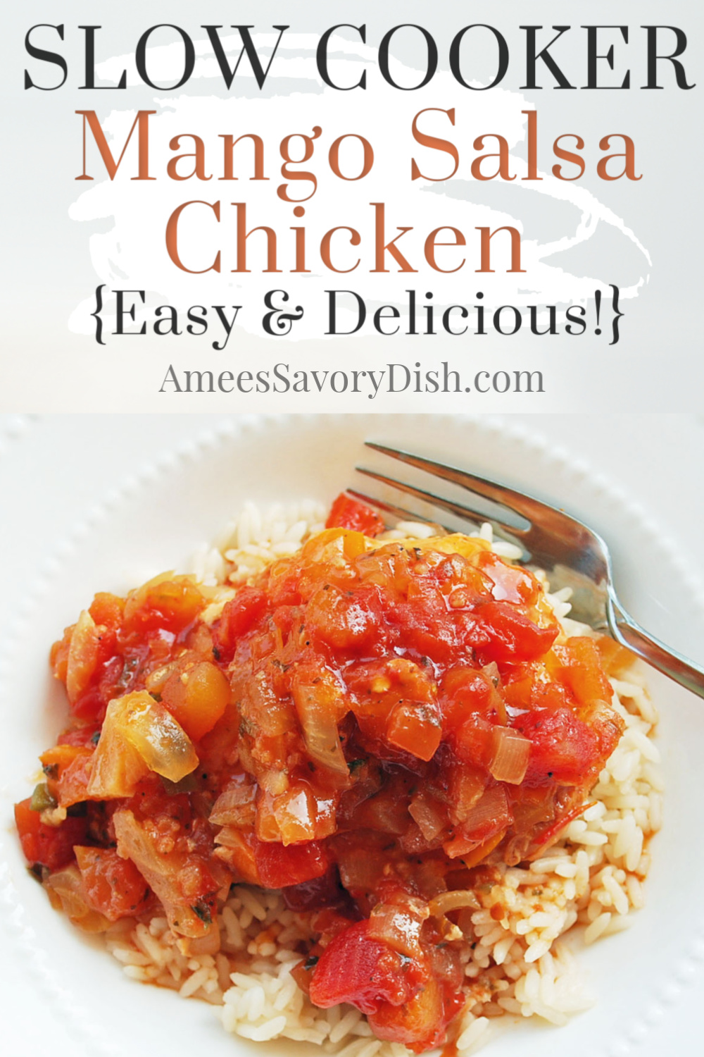 Slow cooker mango salsa chicken is an easy and delicious slow cooker dinner recipe. Sweet fruit salsa, tender boneless chicken breast, onions, garlic, tomato sauce, and a kick of cayenne for a sweet and spicy meal! #slowcookerchicken #slowcookerrecipe #chickenrecipe #easychickenrecipe #salsachicken via @Ameessavorydish