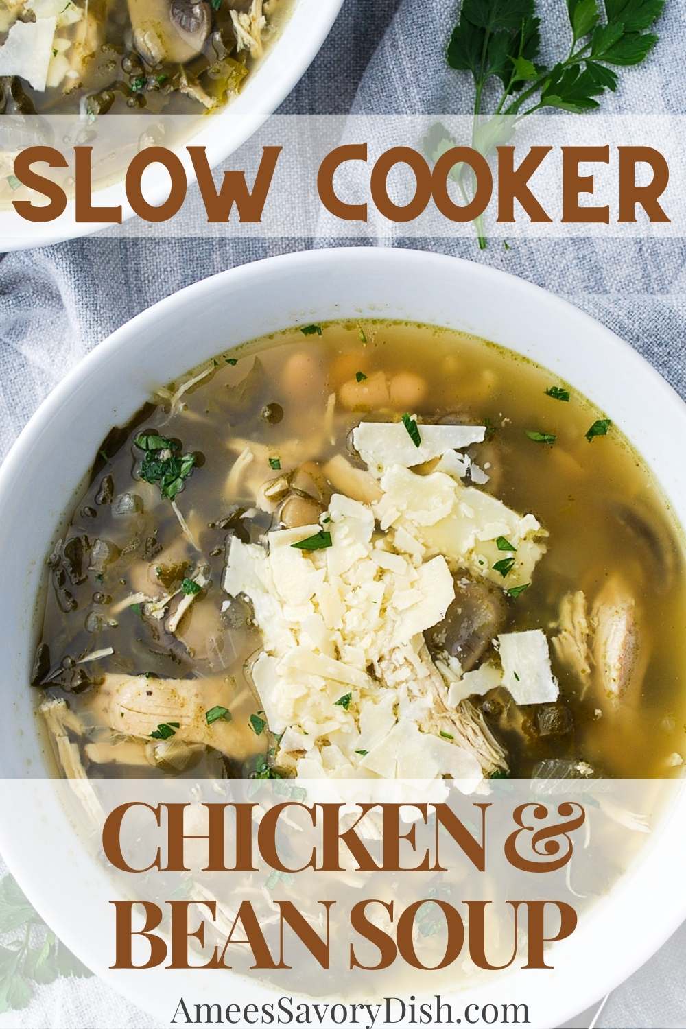This slow cooker Chicken & Bean Soup is low-calorie and protein-packed made with chicken breasts, white beans, and fresh spinach. via @Ameessavorydish