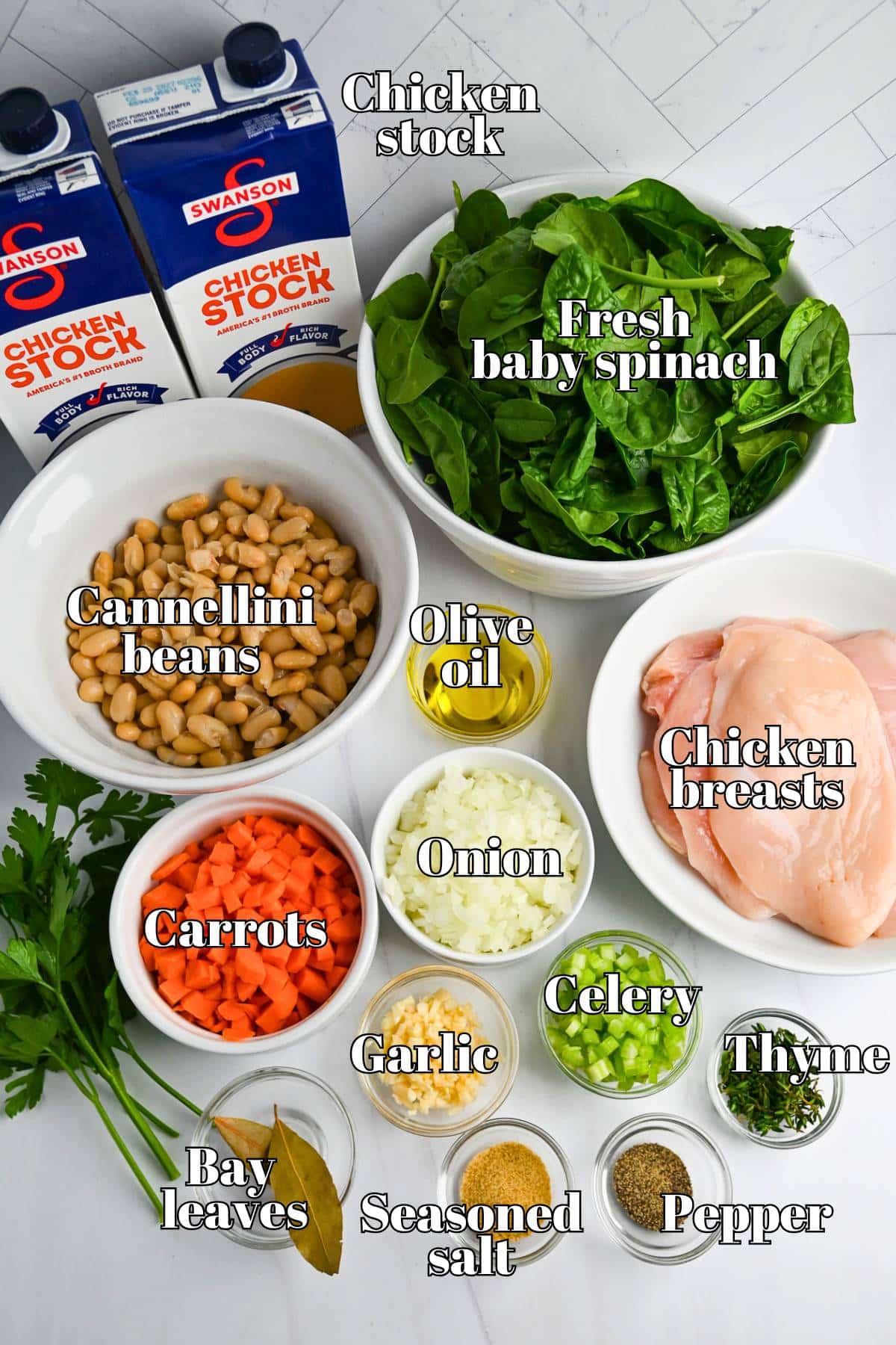 ingredients measured out on a counter for crockpot chicken bean soup