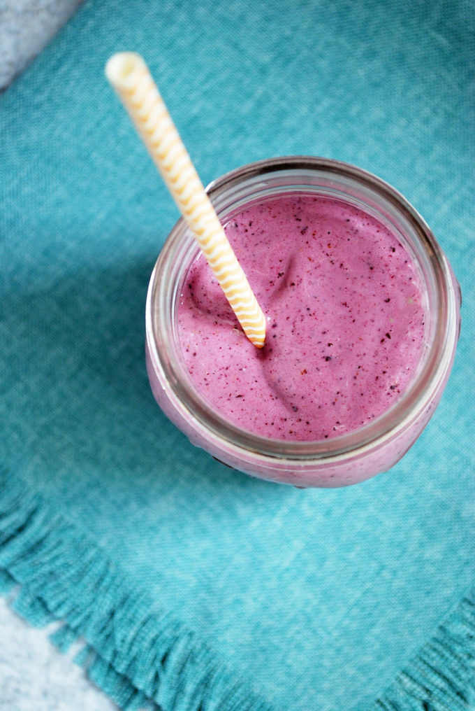 Mango and wild blueberry yogurt smoothie is a simple and delicious way to get a dose of whole-food protein in your diet
