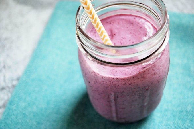 Mango and wild blueberry yogurt smoothie is a simple and delicious way to get a dose of whole-food protein