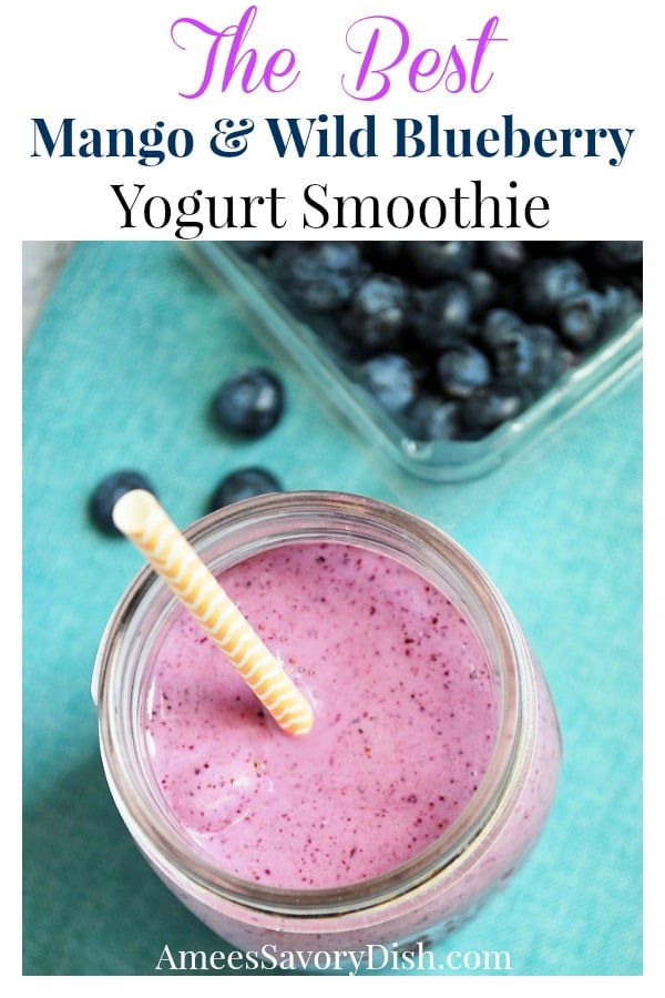 Mango and wild blueberry yogurt smoothie is a simple and delicious way to get a dose of whole-food protein for breakfast.