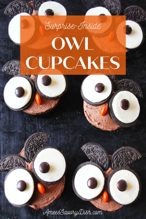 These Owl Cupcakes with Oreos are almost too cute to eat! Made with double-stuffed Oreos and M&M's they will be a HOOT at any event. via @Ameessavorydish