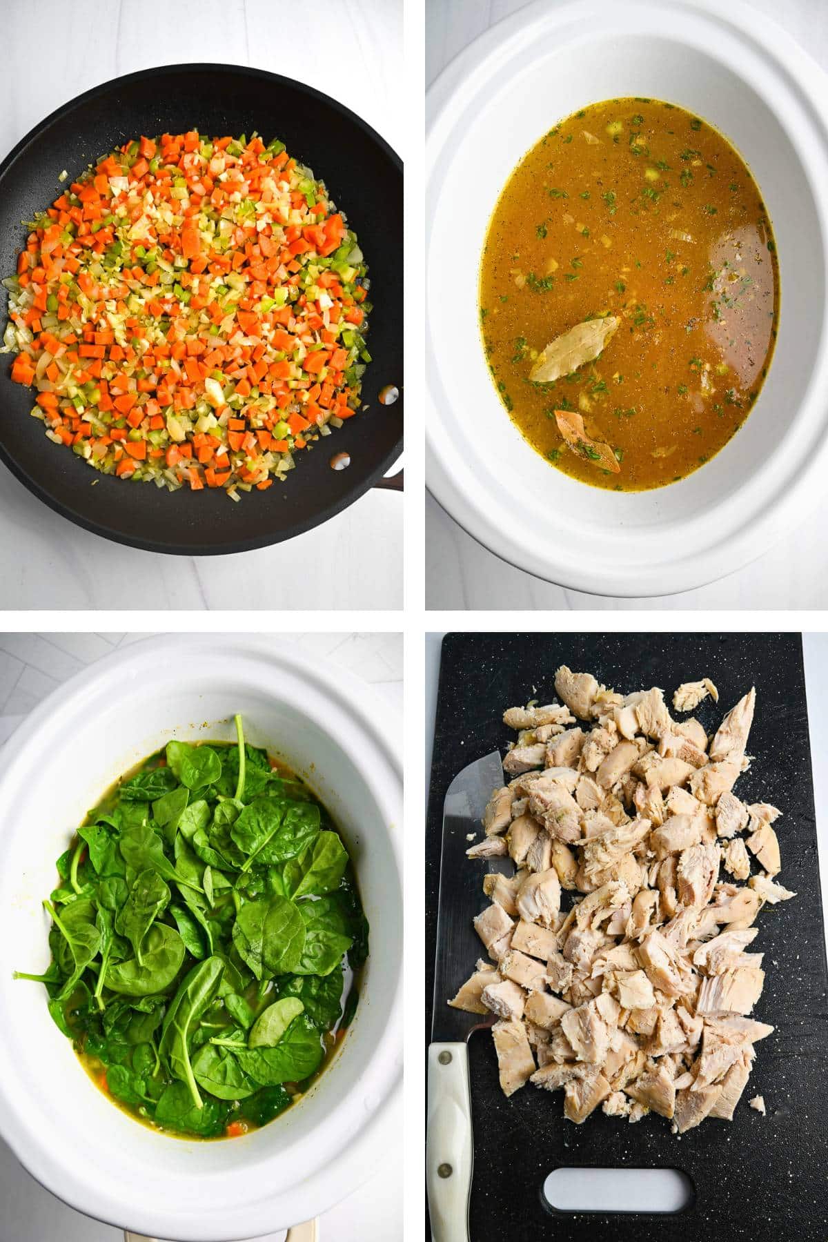 collage of steps to make chicken soup with white beans: sauteing mirepoix, ingredients in the slow cooker and shredding the chicken