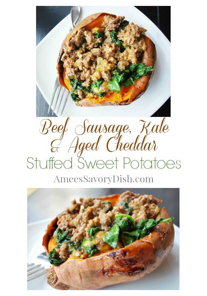 A nutritious recipe for beef sausage, kale & aged cheddar stuffed sweet potatoes made with lean beef, onion, fresh baby kale, and rich cheddar cheese. via @Ameessavorydish
