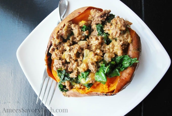 Beef sausage stuffed sweet potato