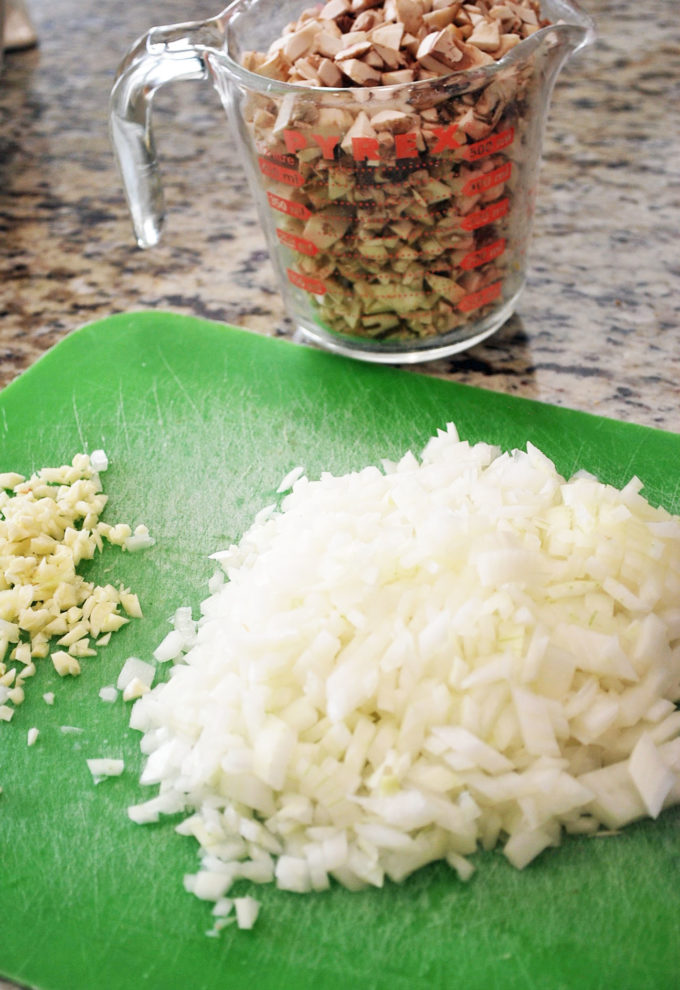 chopped onions, mushrooms and garlic for green bean casserole