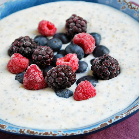Overnight greek yogurt protein oatmeal bowl with berries and chia