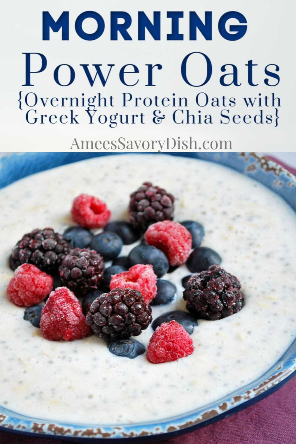 This Overnight Protein Oatmeal made with Greek yogurt is the perfect breakfast solution when there is no time for breakfast prep in the morning. This protein-packed power porridge recipe will keep you running until lunchtime! #overnightoats #proteinoatmeal #proteinporridge #proteinoats #overnightoatmeal #oatmeal via @Ameessavorydish